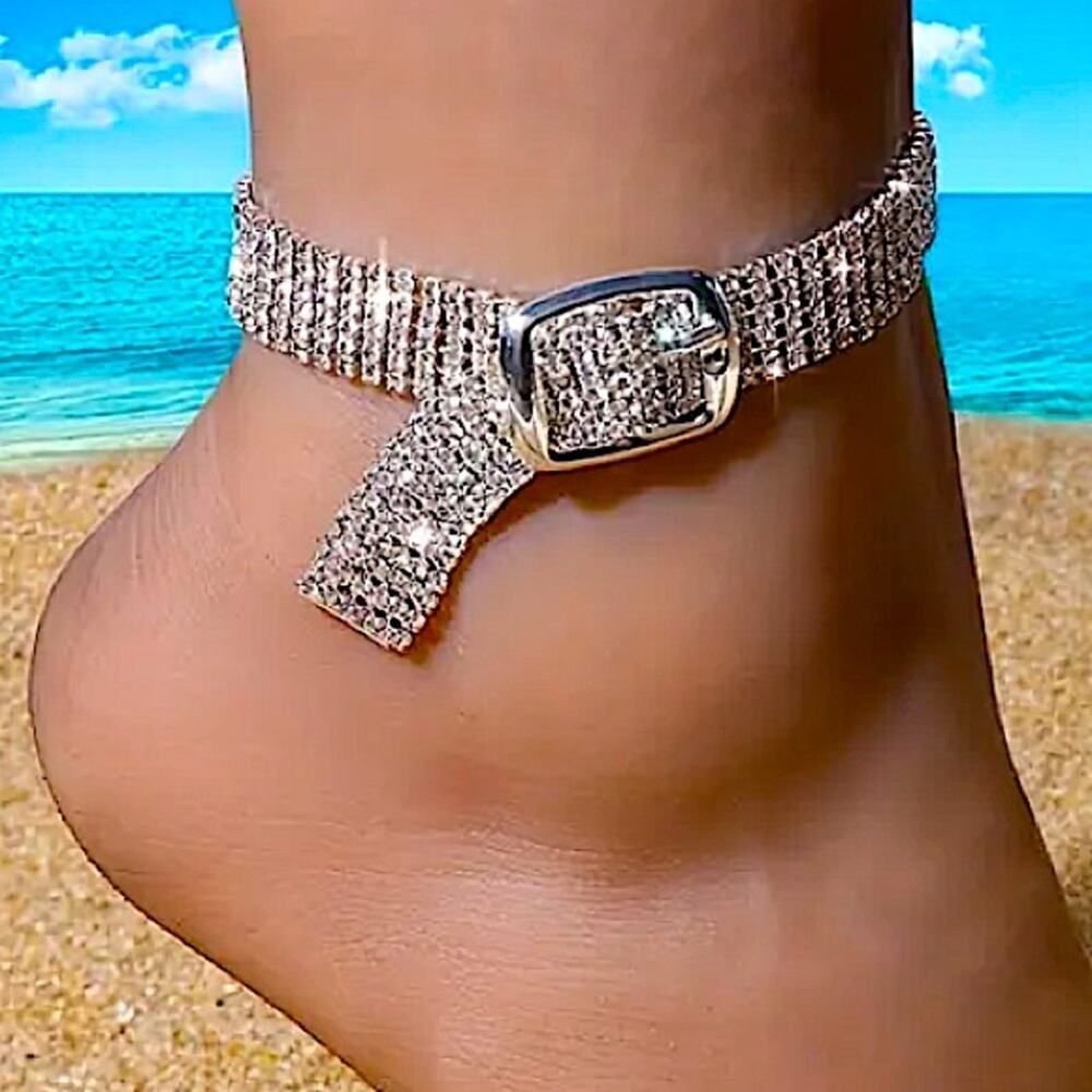 Silver Rhinestone Buckle Ankle Bracelet